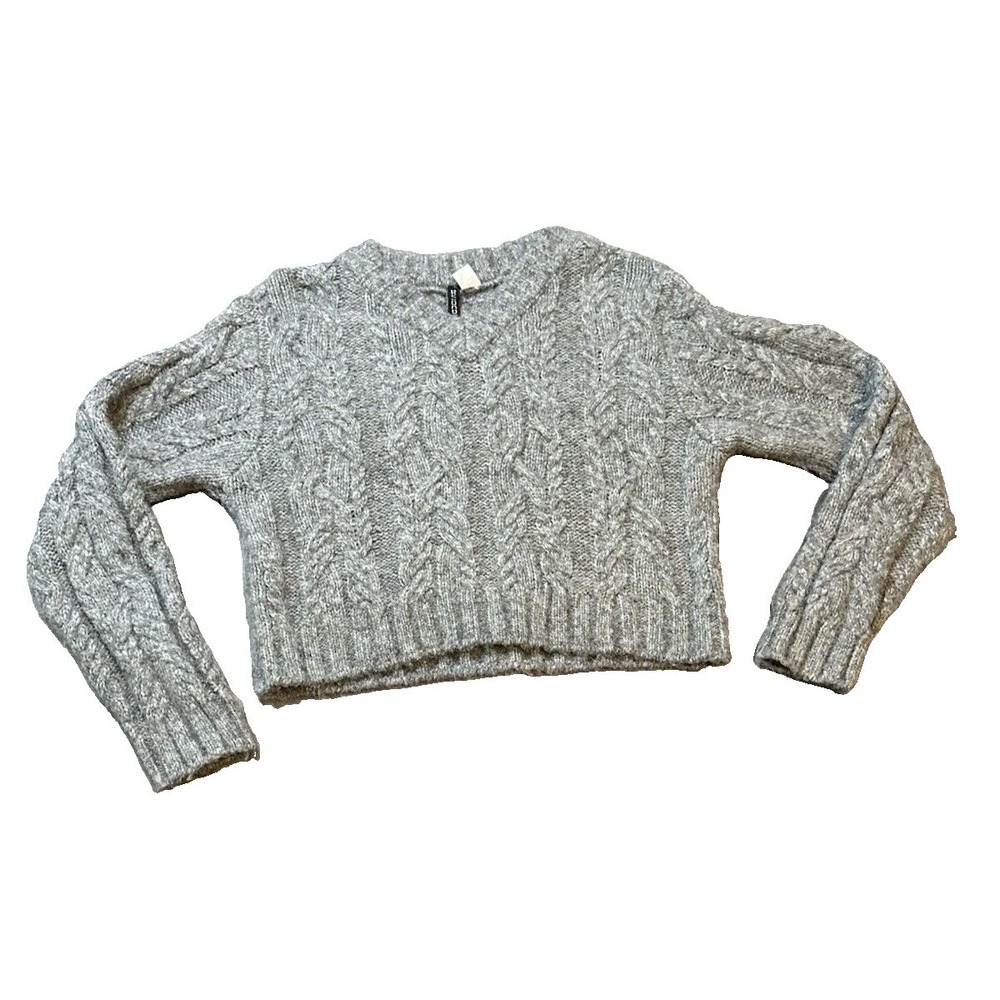 Wool Blend Chunky Gray Cable Knit Womens Sweater L Cropped Fisherman Minimalist